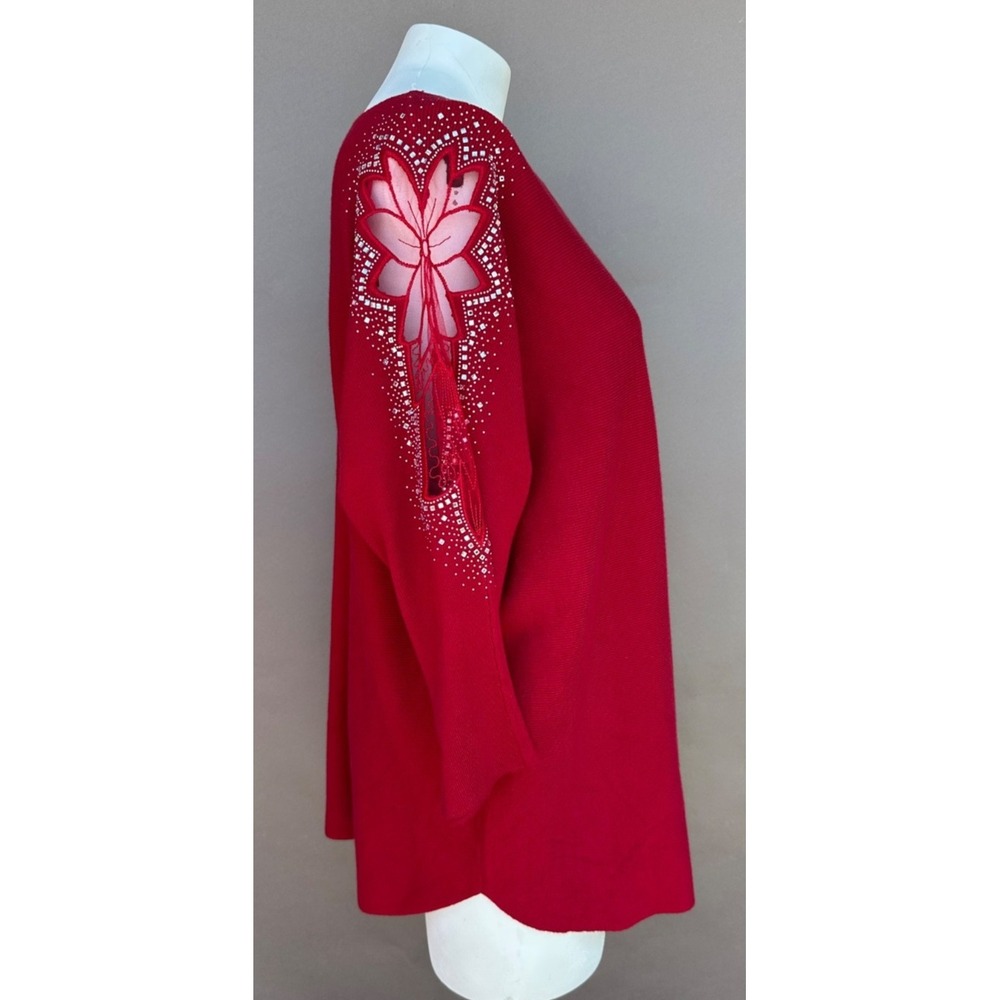 Siren Lily Knit Sweater Top Red Plus Sz 1x Rhinestone And Lace 3/4 Sleeves NEW